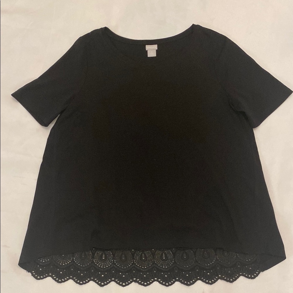 Chico's Embroidery Lace Back Black 
Short Sleeve Top - Size 2 (12)